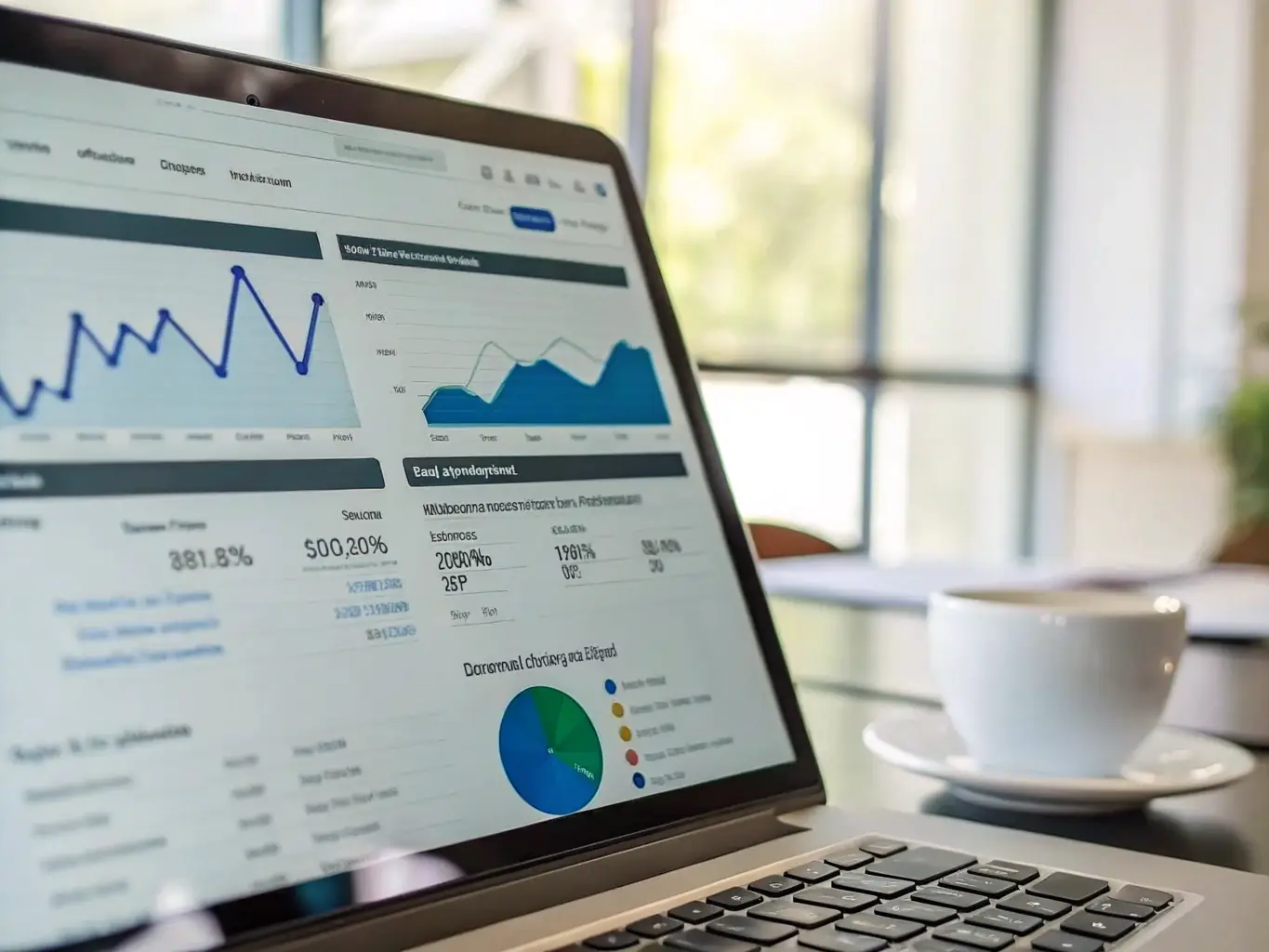 An image illustrating SEO optimization, with keywords, graphs, and a magnifying glass focusing on a website ranking high in search results.