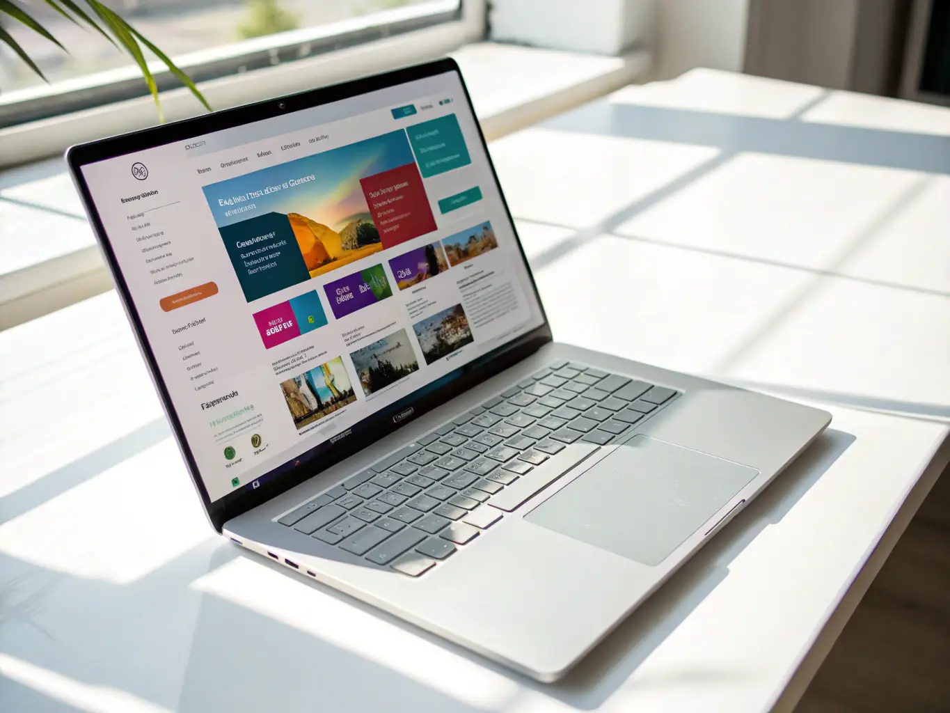 A visually appealing image showcasing a website development package, including a laptop displaying a website design, a domain registration certificate, and SEO tools icons.